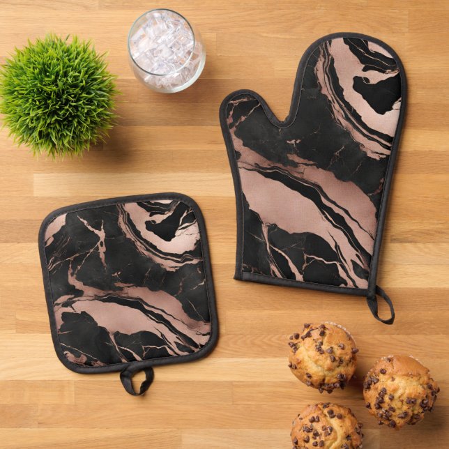 Trendy Black Rose Gold Marble Oven Mitt & Pot Holder Set (Top Down)