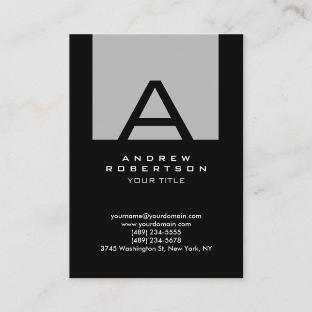 Trendy Black Silver Grey Monogram Business Card (Front)