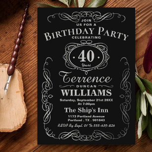 Trendy Black & Silver Typography Birthday Party Invitation