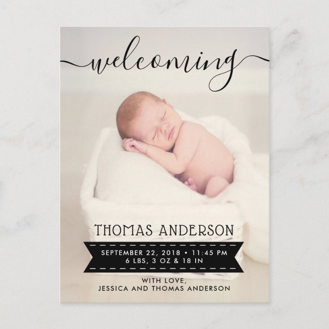 Trendy Black & White Birth Announcement (Front)