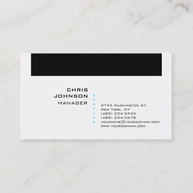 Trendy Black White Blue Manager Business Card (Front)