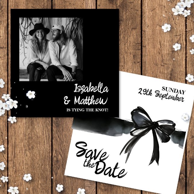 Trendy Black White Bow Save The Date Wedding Card (Trendy Black White watercolor Bow Save The Date Wedding Card with cuistom couple photo name simple )