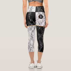 Trendy Black & White Check Marble -Add Letter/Year Capri Leggings