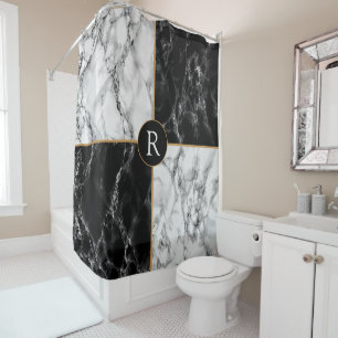 Trendy Black & White Check Marble -Add Letter/Year Shower Curtain