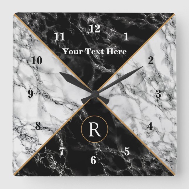Trendy Black & White Check Marble -Add Text/Letter Square Wall Clock (Front)