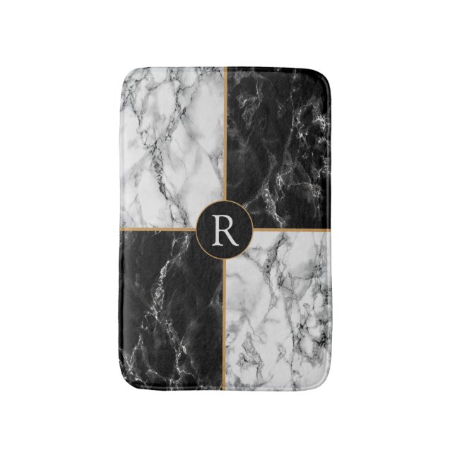 Trendy Black & White Check Marble -Add Your Letter Bath Mat (Front Vertical)