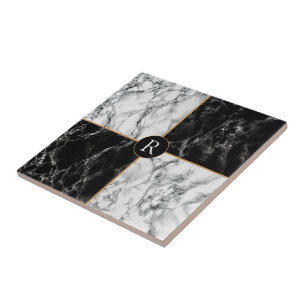 Trendy Black & White Check Marble -Add Your Letter Ceramic Tile