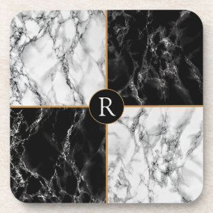Trendy Black & White Check Marble -Add Your Letter Coaster
