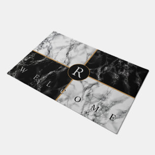 Trendy Black & White Check Marble -Add Your Letter Doormat