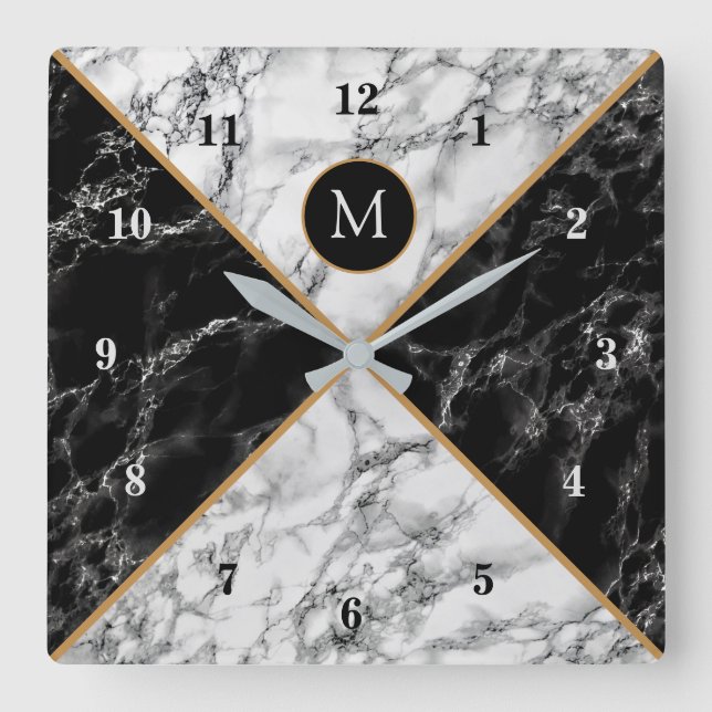 Trendy Black & White Check Marble -Add Your Letter Square Wall Clock (Front)