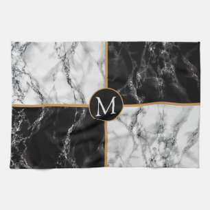 Trendy Black & White Check Marble -Add Your Letter Tea Towel
