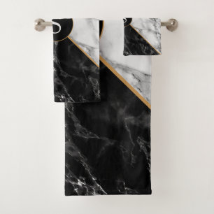 Trendy Black & White Check Marble - Personalised Bath Towel Set