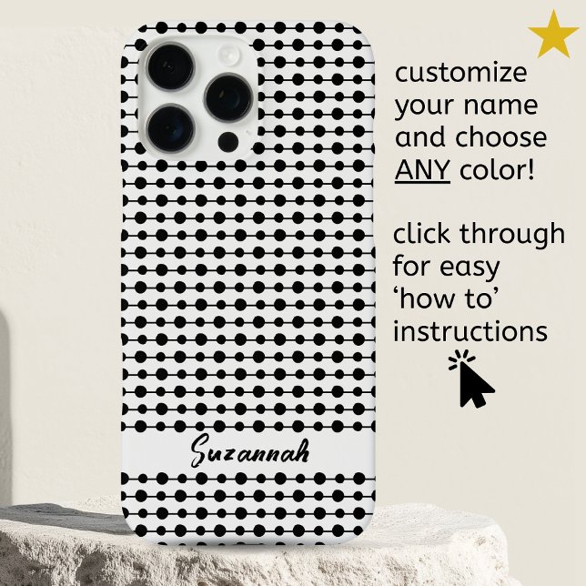 Trendy Black White Dots Lines Pattern Custom Name Case-Mate iPhone Case (Creator Uploaded)
