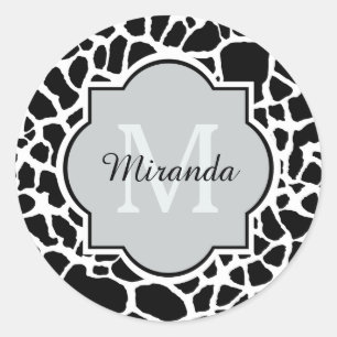 Trendy Black White Giraffe Print Monogrammed Name Classic Round Sticker