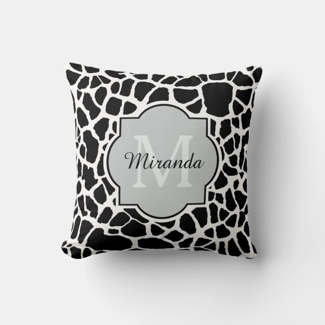 Trendy Black White Giraffe Print Monogrammed Name Cushion (Front)