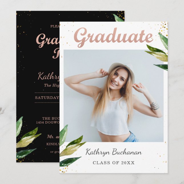 Trendy Black White Greenery Photo Graduation Party Invitation (Front/Back)