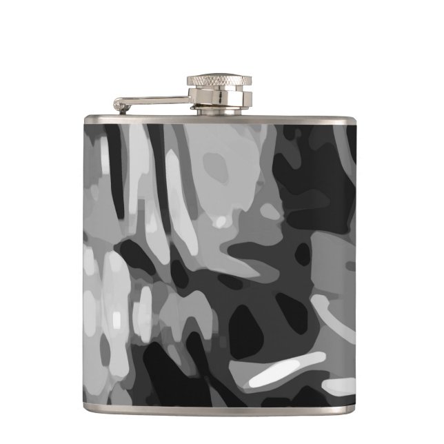 Trendy Black White Grey Abstract Pattern Hip Flask (Front)