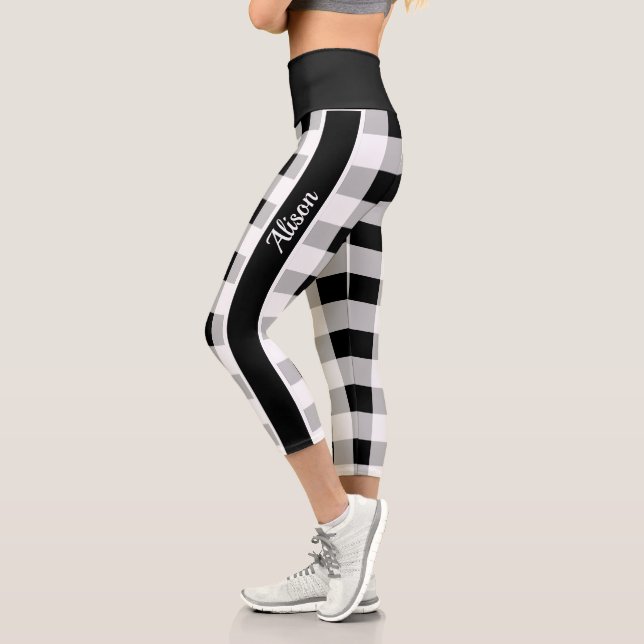 Trendy Black White Grey Chequered Pattern Custom Capri Leggings (Left)