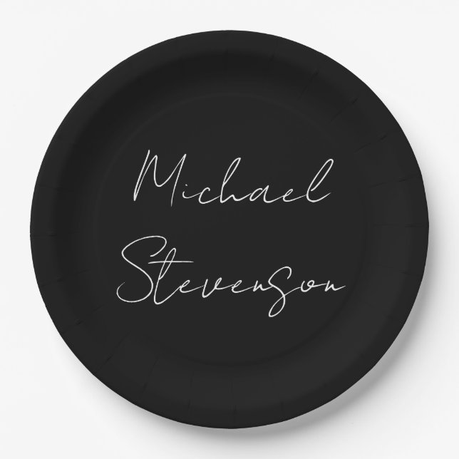 Trendy Black White Handwritten Minimalist Paper Plate (Front)