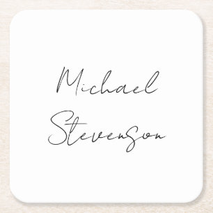 Trendy Black White Handwritten Minimalist Square Paper Coaster