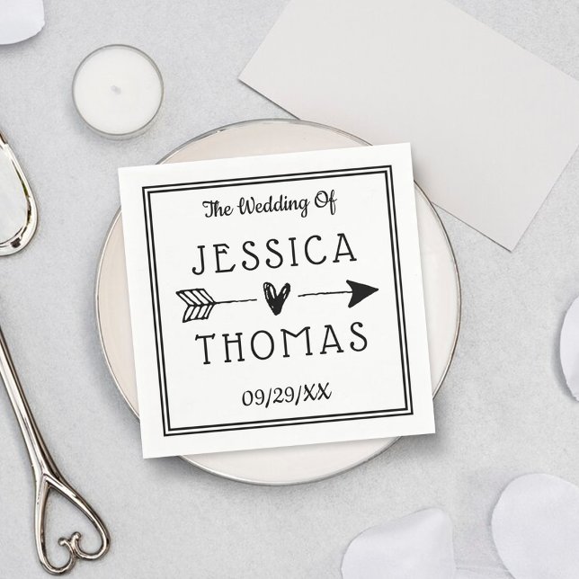 Trendy Black & White Heart & Arrow Wedding Napkin (Creator Uploaded)