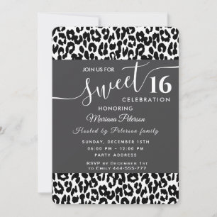 Trendy black white leopard sweet 16  invitation