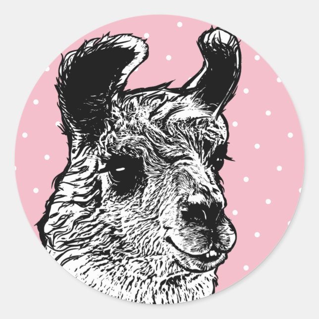 Trendy Black & White Llama White Polka Dots Classic Round Sticker (Front)