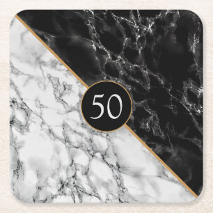 Trendy Black & White Marble Stone - Add Age /Years Square Paper Coaster