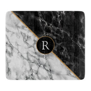 Trendy Black & White Marble Stone -Add Letter/Year Cutting Board