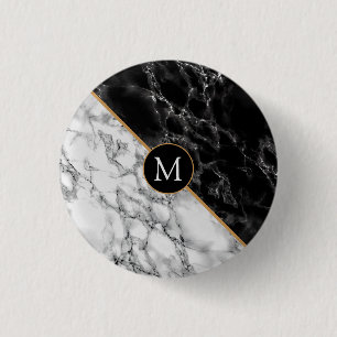 Trendy Black & White Marble Stone -Add Your Letter 3 Cm Round Badge