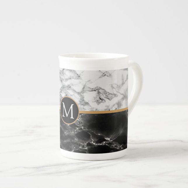 Trendy Black & White Marble Stone -Add Your Letter Bone China Mug (Front Right)