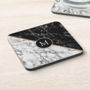 Trendy Black & White Marble Stone -Add Your Letter Coaster