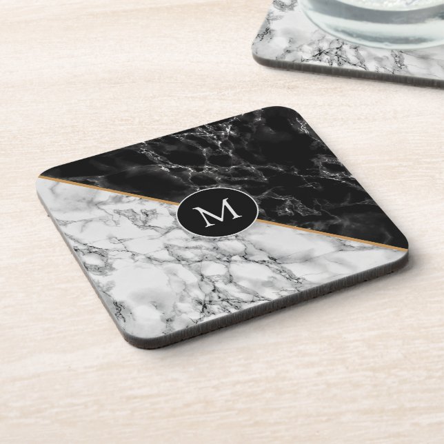 Trendy Black & White Marble Stone -Add Your Letter Coaster (Left Side)