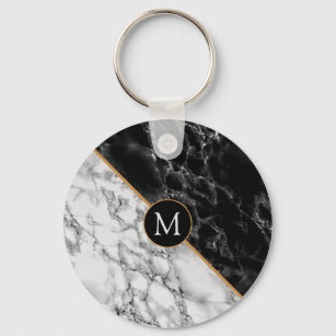 Trendy Black & White Marble Stone -Add Your Letter Key Ring