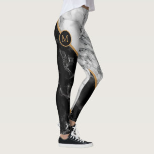 Trendy Black & White Marble Stone -Add Your Letter Leggings