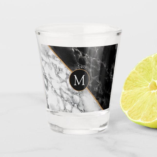 Trendy Black & White Marble Stone -Add Your Letter Shot Glass (Front)