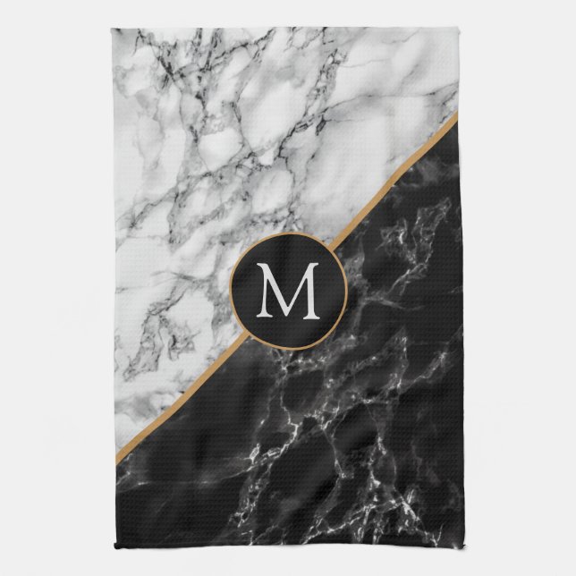 Trendy Black & White Marble Stone Add Your Letter Tea Towel (Vertical)
