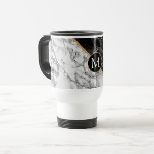 Trendy Black & White Marble Stone -Add Your Letter Travel Mug