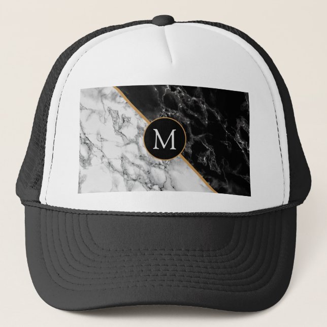 Trendy Black & White Marble Stone  Add Your Letter Trucker Hat (Front)