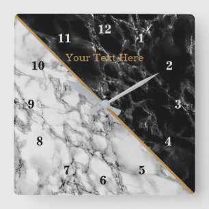 Trendy Black & White Marble Stone - Add Your Text Square Wall Clock