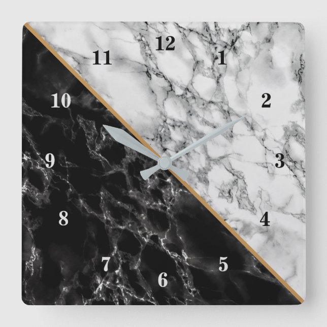 Trendy Black & White Marble Stone Square Wall Clock (Front)