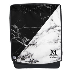 Trendy Black White Marble Texture Monogram Name Backpack