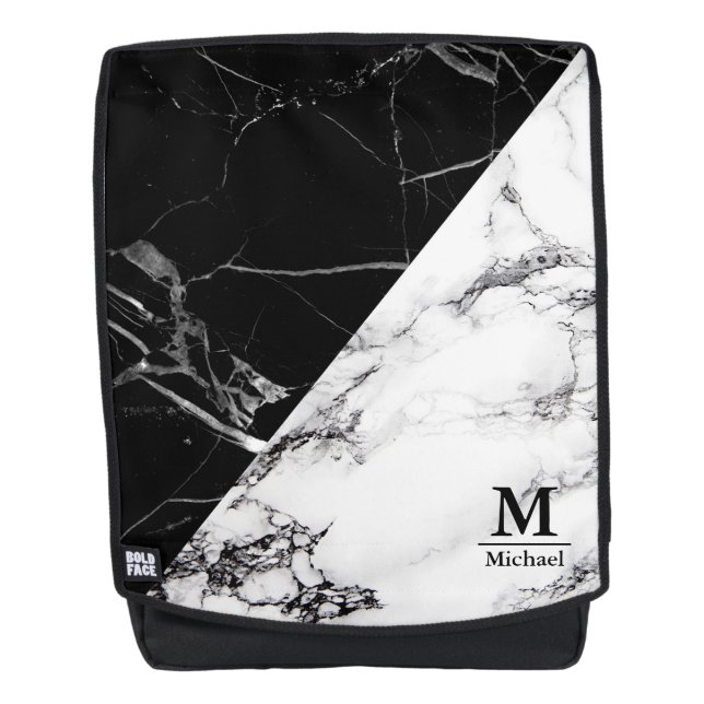 Trendy Black White Marble Texture Monogram Name Backpack (Front)