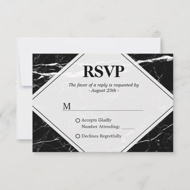 Trendy Black White Marble Wedding RSVP (Front)
