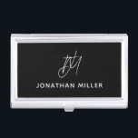 Trendy Black White Monogram Business Card Holder<br><div class="desc">Keep your business cards organised and protected in this modern and minimalist business card case featuring a script monogram design. The sleek and stylish design is perfect for any professional setting.</div>
