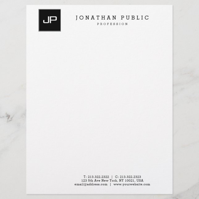 Trendy Black White Monogram Minimalist Template Custom Letterhead (Front)