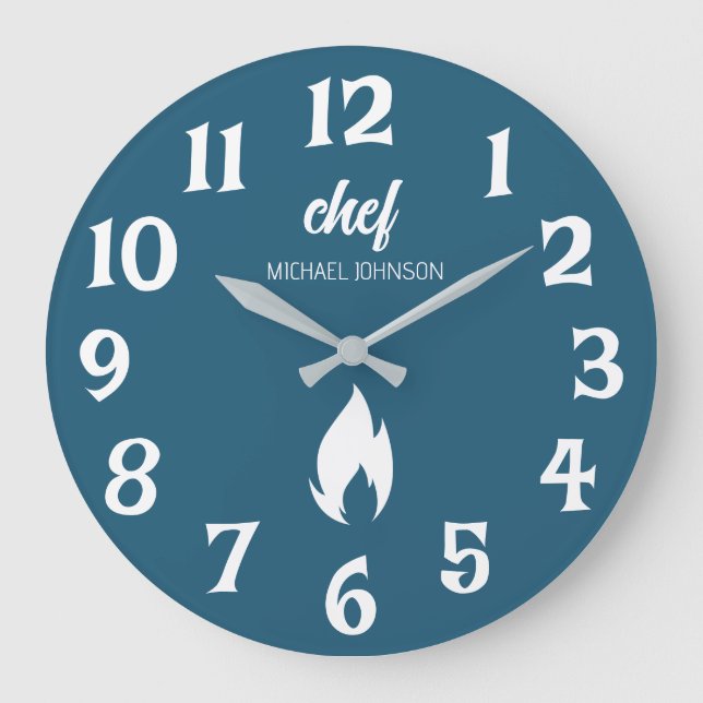 Trendy Black white Personalised name chef  Large Clock (Front)
