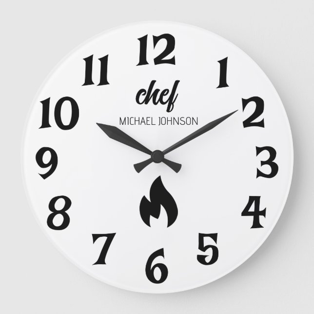 Trendy Black white Personalised name chef  Large Clock (Front)