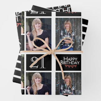Trendy Black White Photo Collage 21st Birthday  Wrapping Paper Sheet