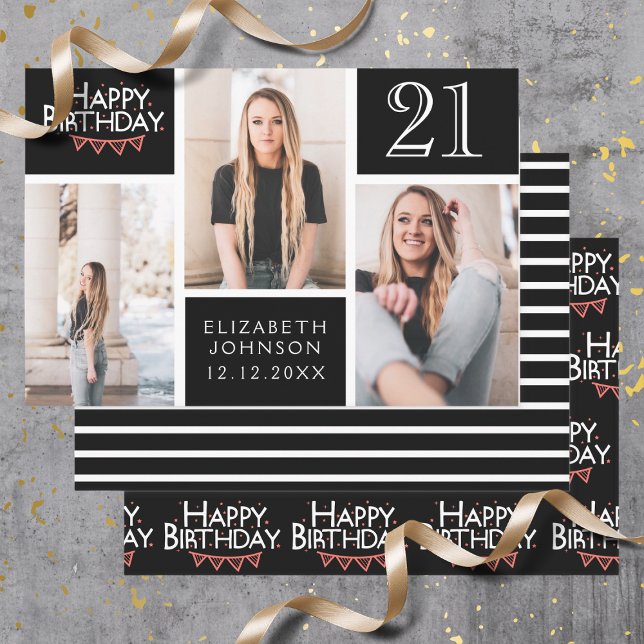 Trendy Black White Photo Collage 21st Birthday Wrapping Paper Sheet (Creator Uploaded)
